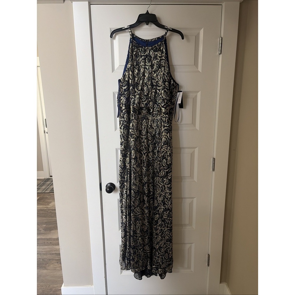 BETSY & ADAM Layla Long Halter Foil Print Dress Women's Size 18 Navy Metallic‎